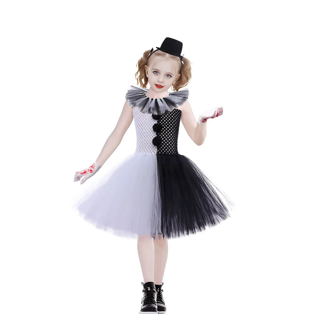 Halloween Karneval Clown Kostüm Süßes Weiß Schwarz Tutu Kleid für Mädchen Geburtstagsparty Kleid Urlaub Geschenk Kleidung Zubehör Set