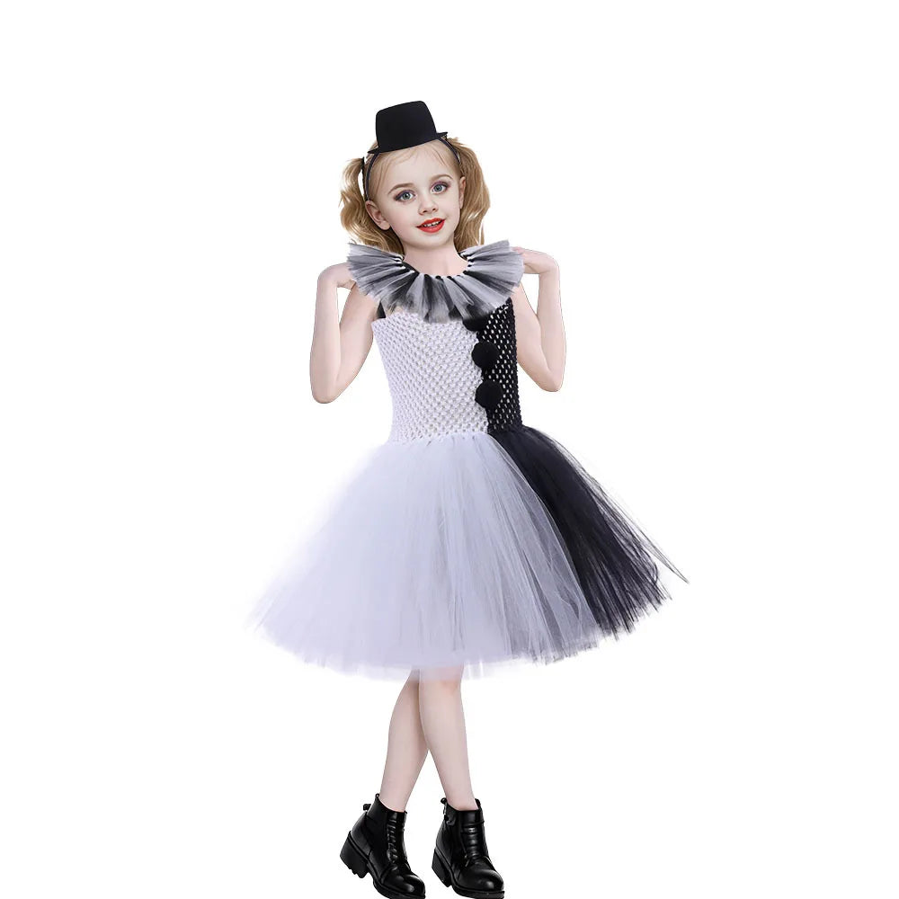 Halloween Karneval Clown Kostüm Süßes Weiß Schwarz Tutu Kleid für Mädchen Geburtstagsparty Kleid Urlaub Geschenk Kleidung Zubehör Set