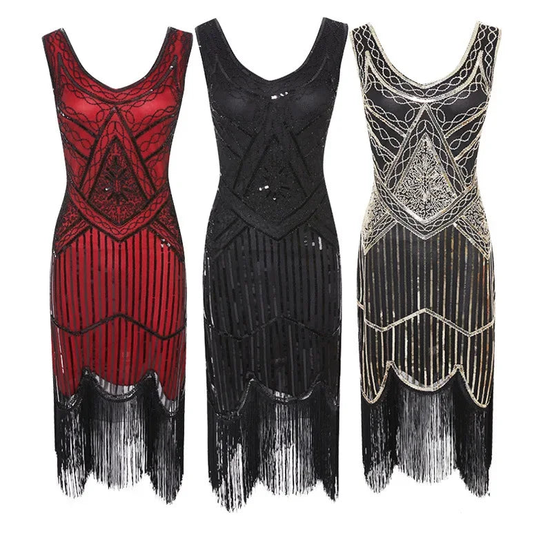 Women's 1920s Vintage Sequin Full Fringed Deco Inspired Flapper Dress Roaring 20s Great Gatsby Fall Cloths Dress Vestidos