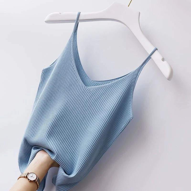 Winter Tops 2025 New Solid V-Neck Skinny Elastic Knitted Suspender Camis Women's Tanks Clothing Basics Shirt