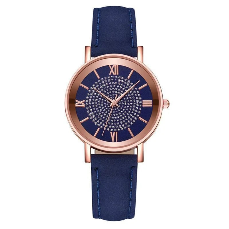 Women Watch Ladies Rhinestone Dial Wristwatch Leather Band Quartz Watches Gifts