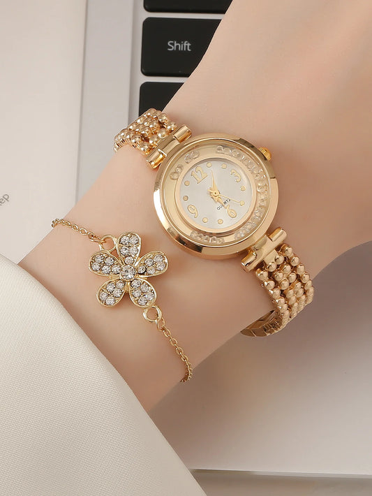 A Gold Women's Classic Fashion Quartz Watch With A Ball Bracelet And A Rhinestone Plum Bracelet. Can Be Used For Daily Wear