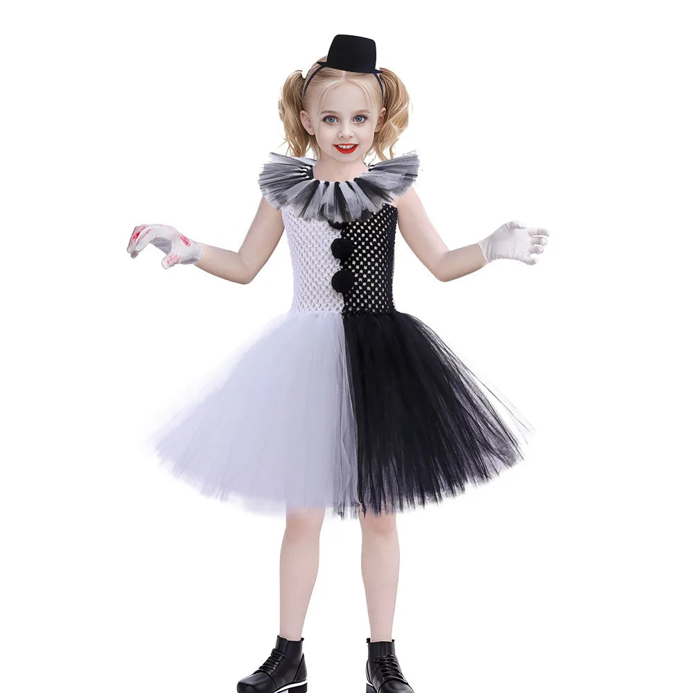 Halloween Karneval Clown Kostüm Süßes Weiß Schwarz Tutu Kleid für Mädchen Geburtstagsparty Kleid Urlaub Geschenk Kleidung Zubehör Set