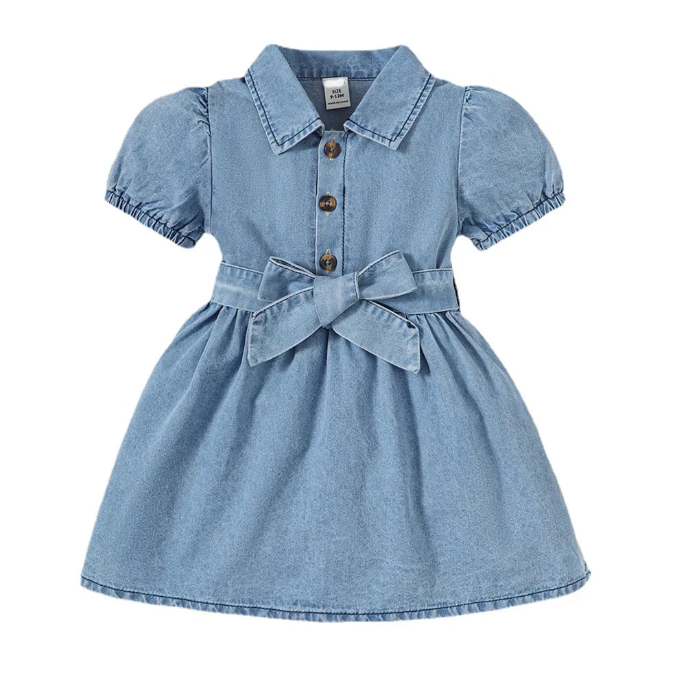 Summer Baby Girl Fashion Dress Bubble Sleeve Lapel Jeans