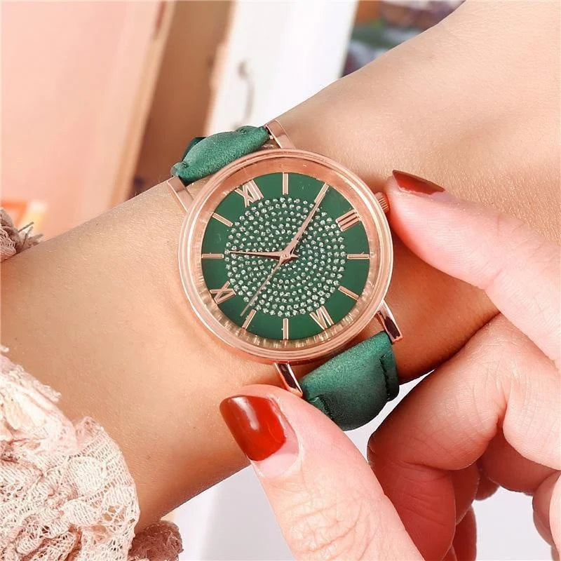 Women Watch Ladies Rhinestone Dial Wristwatch Leather Band Quartz Watches Gifts