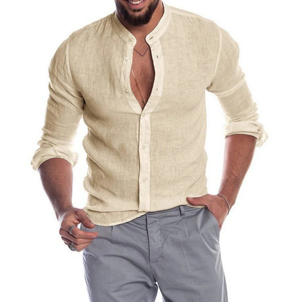 Cotton Linen Hot Sale Men's Long-Sleeved Shirts Summer Solid Color  Stand-Up Collar Casual Beach Style Plus Size