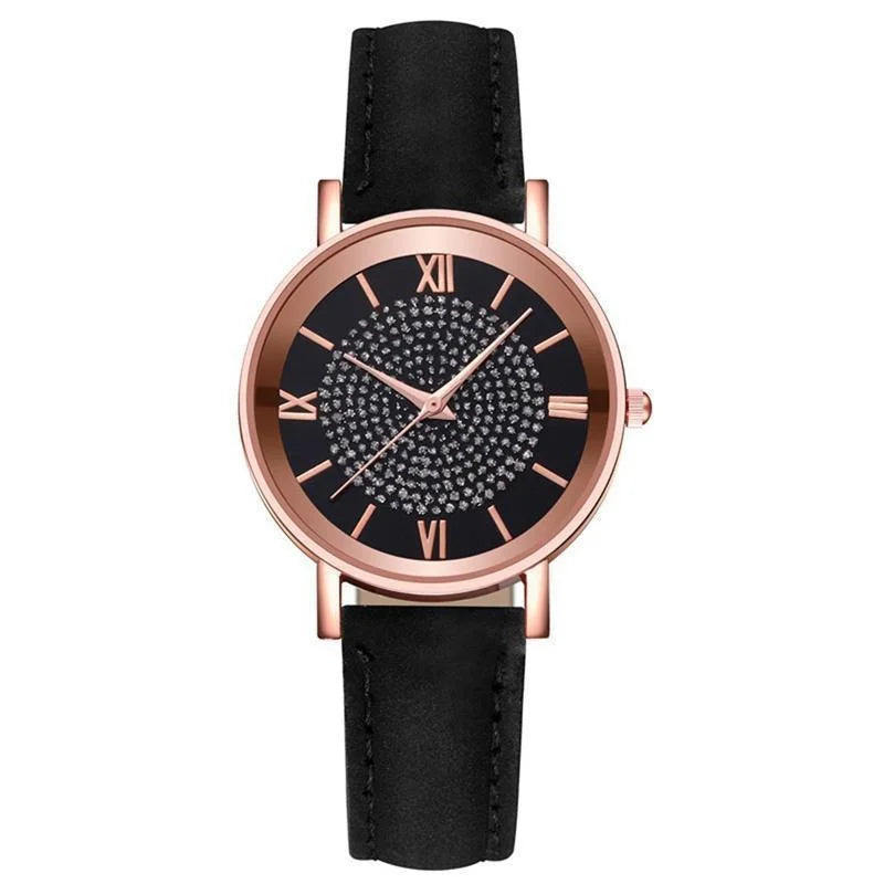 Women Watch Ladies Rhinestone Dial Wristwatch Leather Band Quartz Watches Gifts