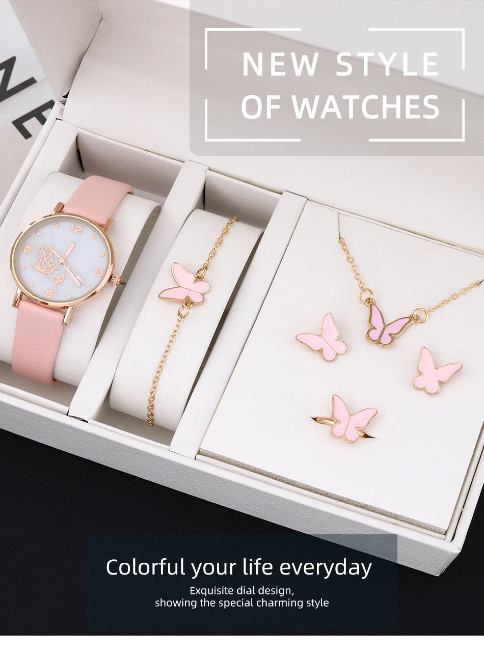 6PCS Set Women Butterfly Dial Watch Female