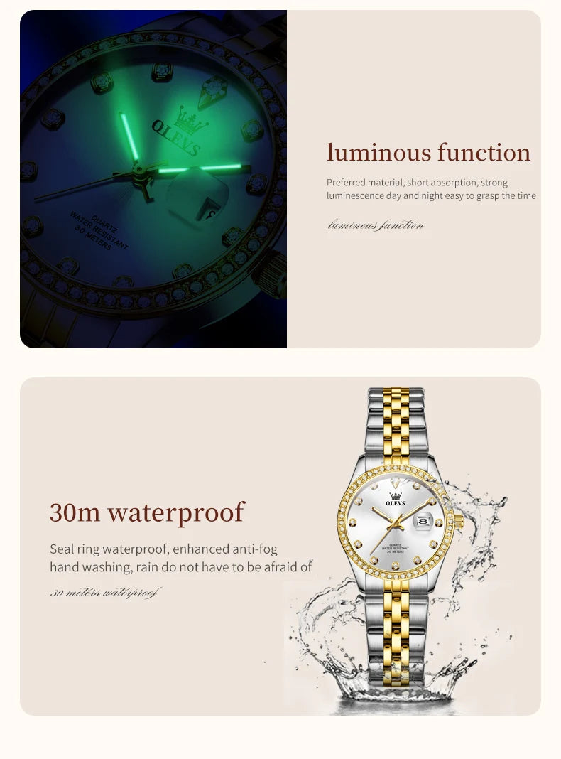 Women's Watches Elegant Simple Original Quartz Watch for Man Diamond Dial Waterproof Luminous Date Wristwatch