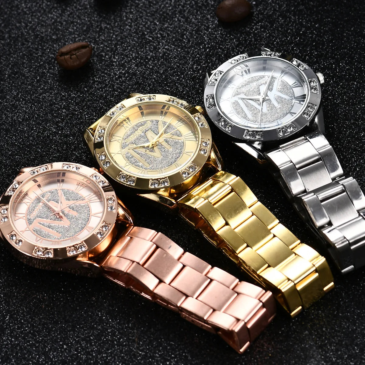 Luxury Women Watch Golden Stainless Steel Diamond Water Resistant Roman Digital Ladies Quartz Watches Relojes Digitales