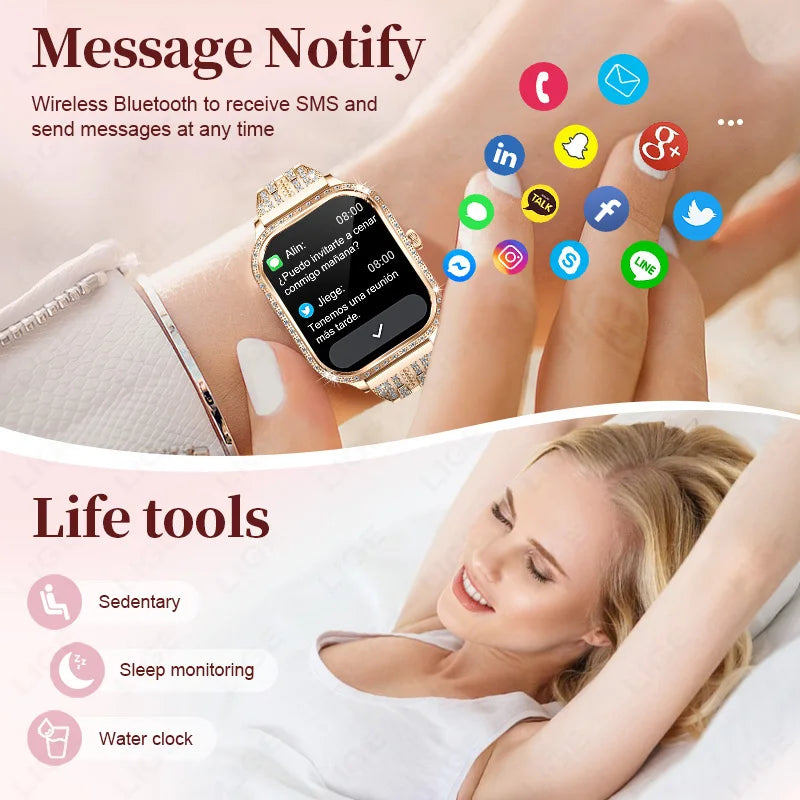 LIGE Fashion Women Smart Watch 1.75inch Curved Screen Sport Bracelet BT HD Calling Clock IP68 Waterproof Diamond Case Smartwatch