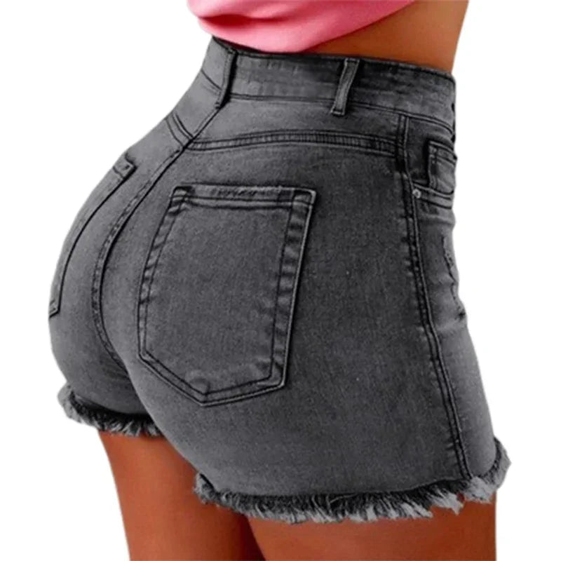 Women Tight Hip Lift Stretch Denim Shorts Fashion Tassel Three Quarter