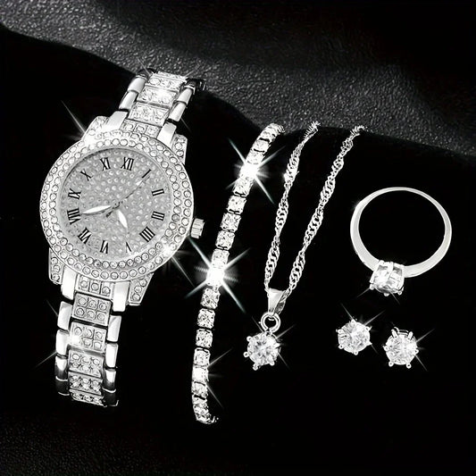 6pcs/set Women's Watch Luxury Rhinestone Quartz Watch Shiny Fashion Analog Wrist Watch & Jewelry Set, Gift For Mom Her