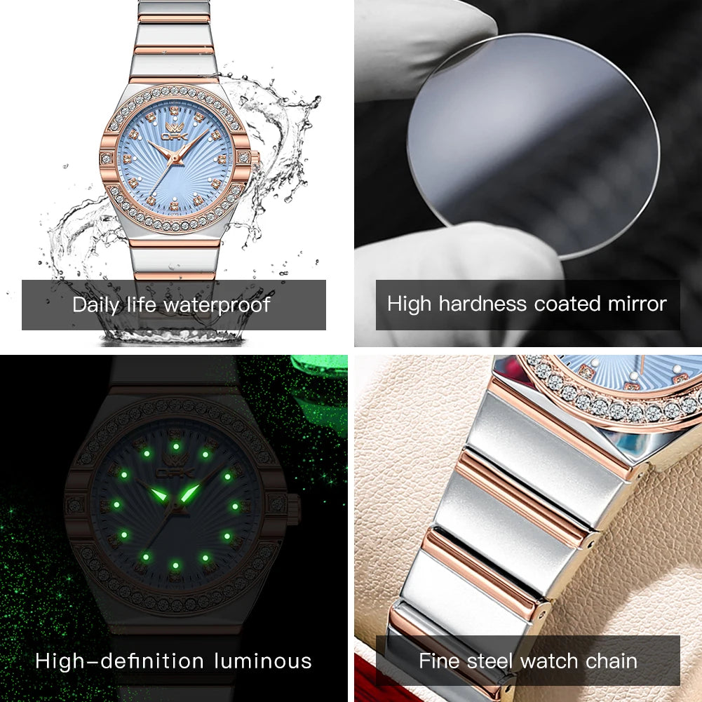 Women's Quartz Watches Elegant Fashion Stainless Steel Strap Waterproof Luminous Diamond Dial Ladies Dress Wristwatches