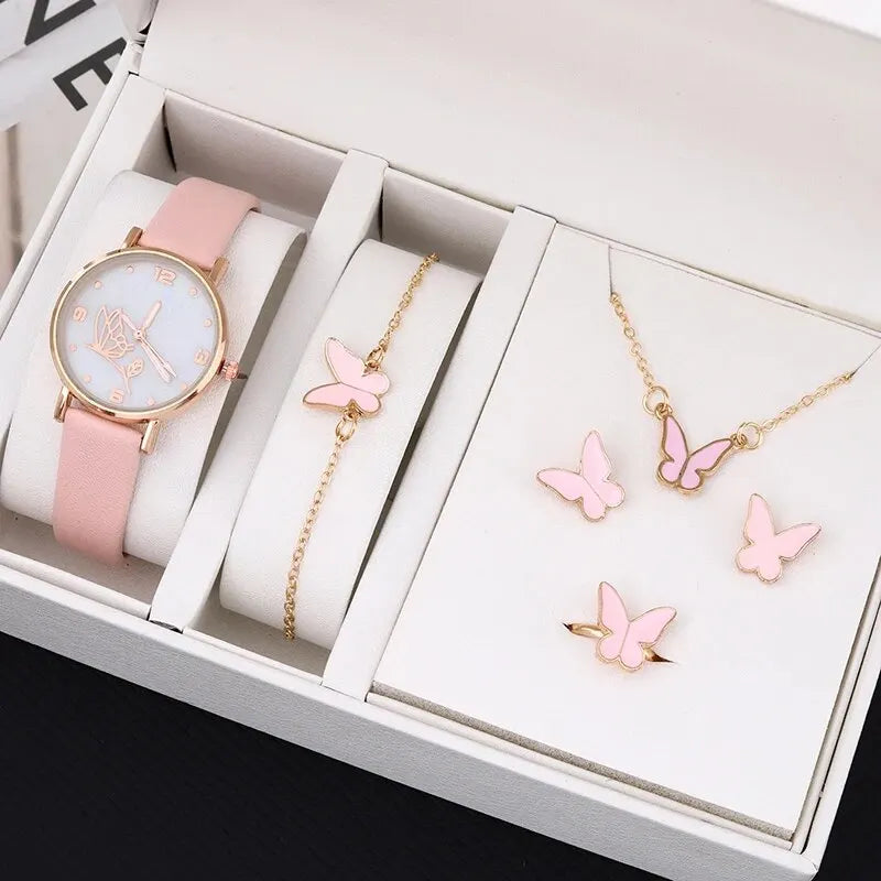 6PCS Set Women Butterfly Dial Watch Female