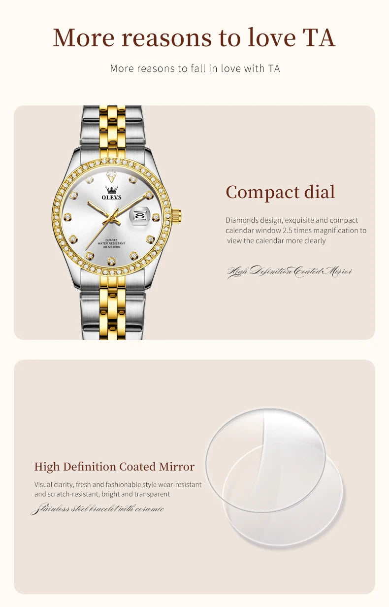 Women's Watches Elegant Simple Original Quartz Watch for Man Diamond Dial Waterproof Luminous Date Wristwatch