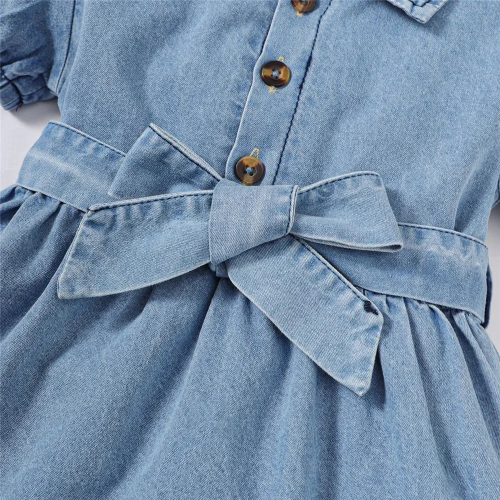 Summer Baby Girl Fashion Dress Bubble Sleeve Lapel Jeans