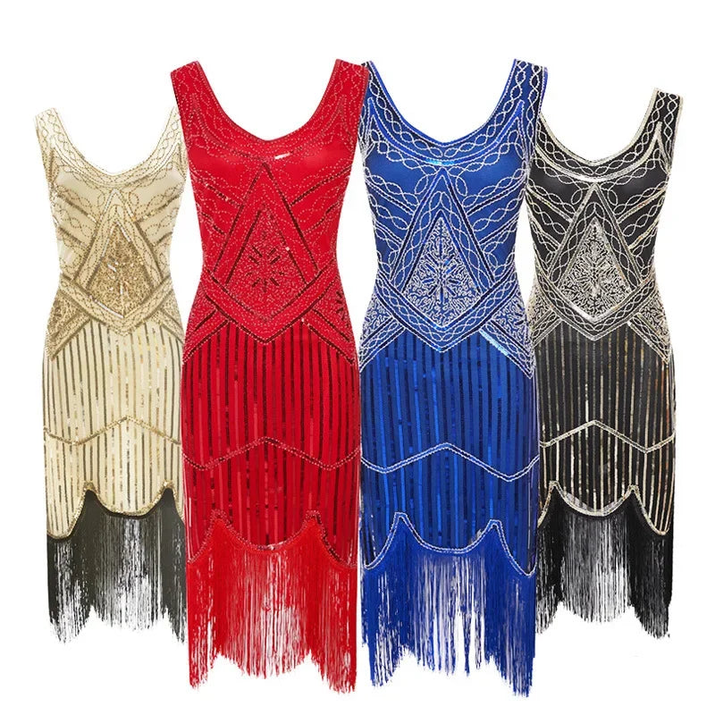 Women's 1920s Vintage Sequin Full Fringed Deco Inspired Flapper Dress Roaring 20s Great Gatsby Fall Cloths Dress Vestidos