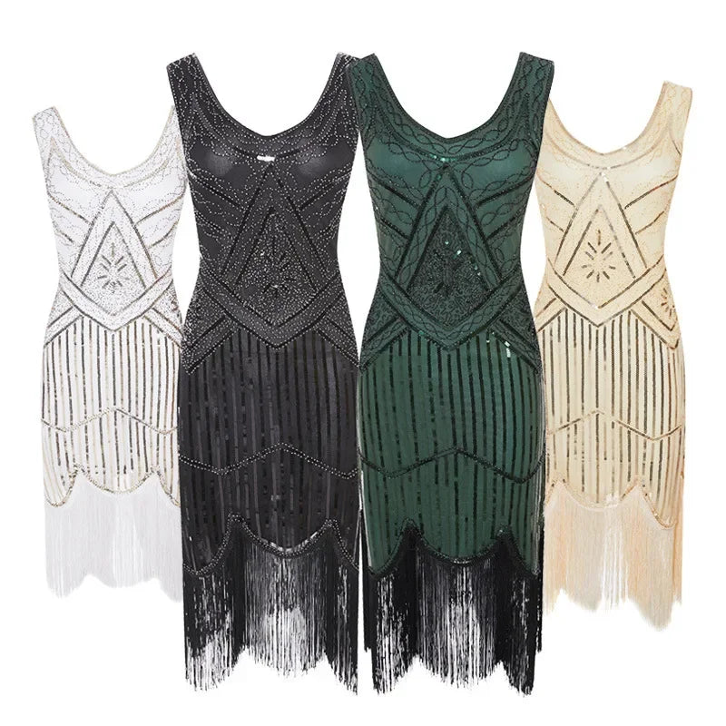 Women's 1920s Vintage Sequin Full Fringed Deco Inspired Flapper Dress Roaring 20s Great Gatsby Fall Cloths Dress Vestidos