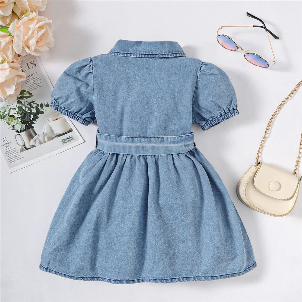 Summer Baby Girl Fashion Dress Bubble Sleeve Lapel Jeans