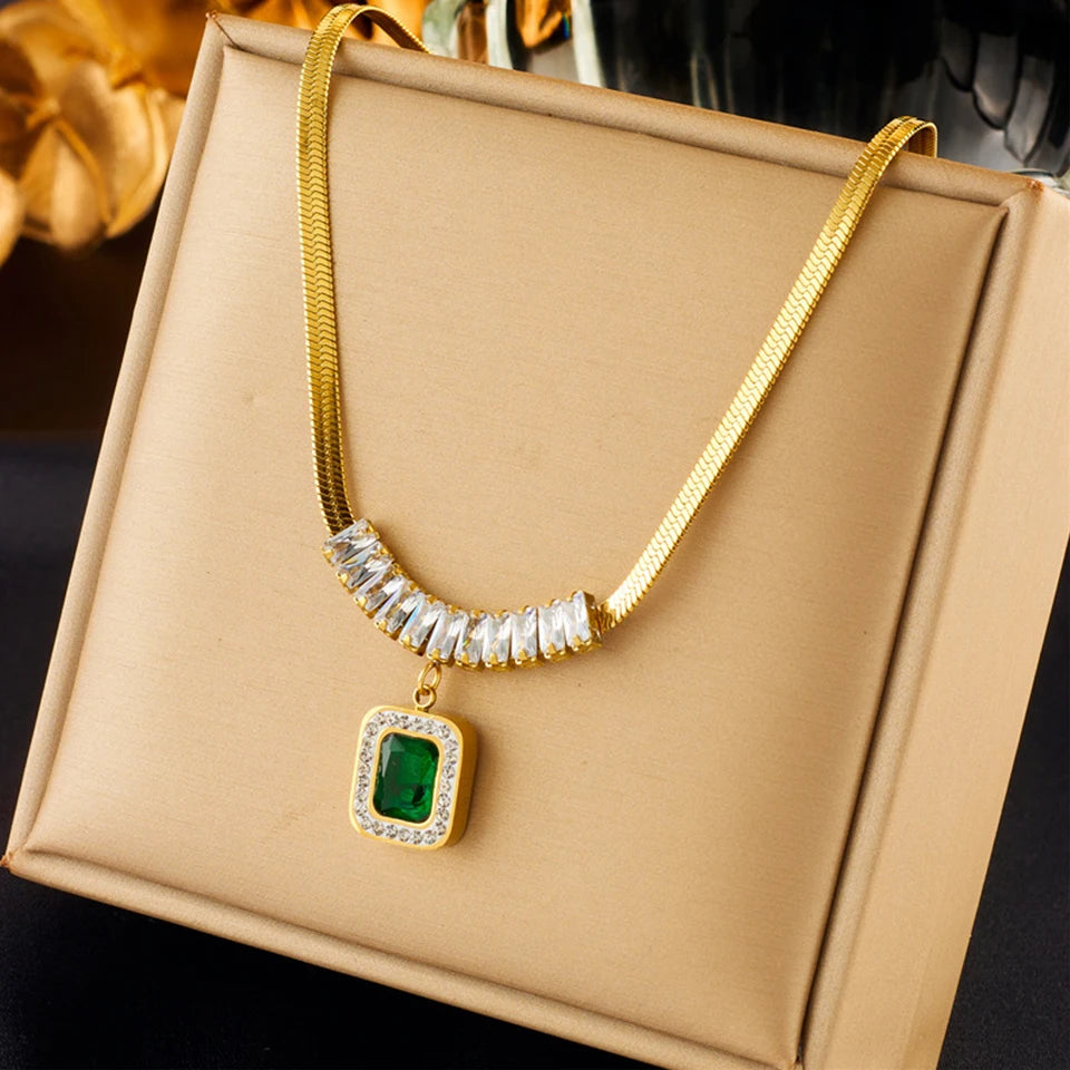 Stainless Steel Luxury Non-fading Square Green Crystal Zircon Pendant Necklace Earrings Jewelry Set For Women