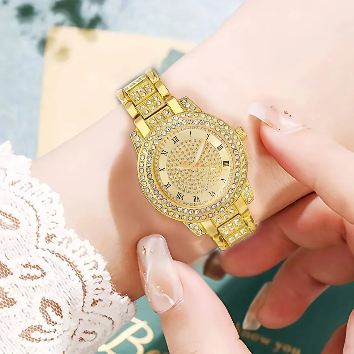 6pcs/set Women's Watch Luxury Rhinestone Quartz Watch Shiny Fashion Analog Wrist Watch & Jewelry Set, Gift For Mom Her