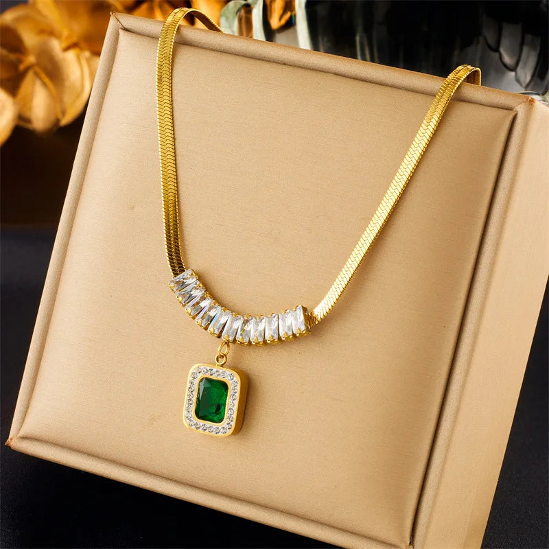 Stainless Steel Luxury Non-fading Square Green Crystal Zircon Pendant Necklace Earrings Jewelry Set For Women