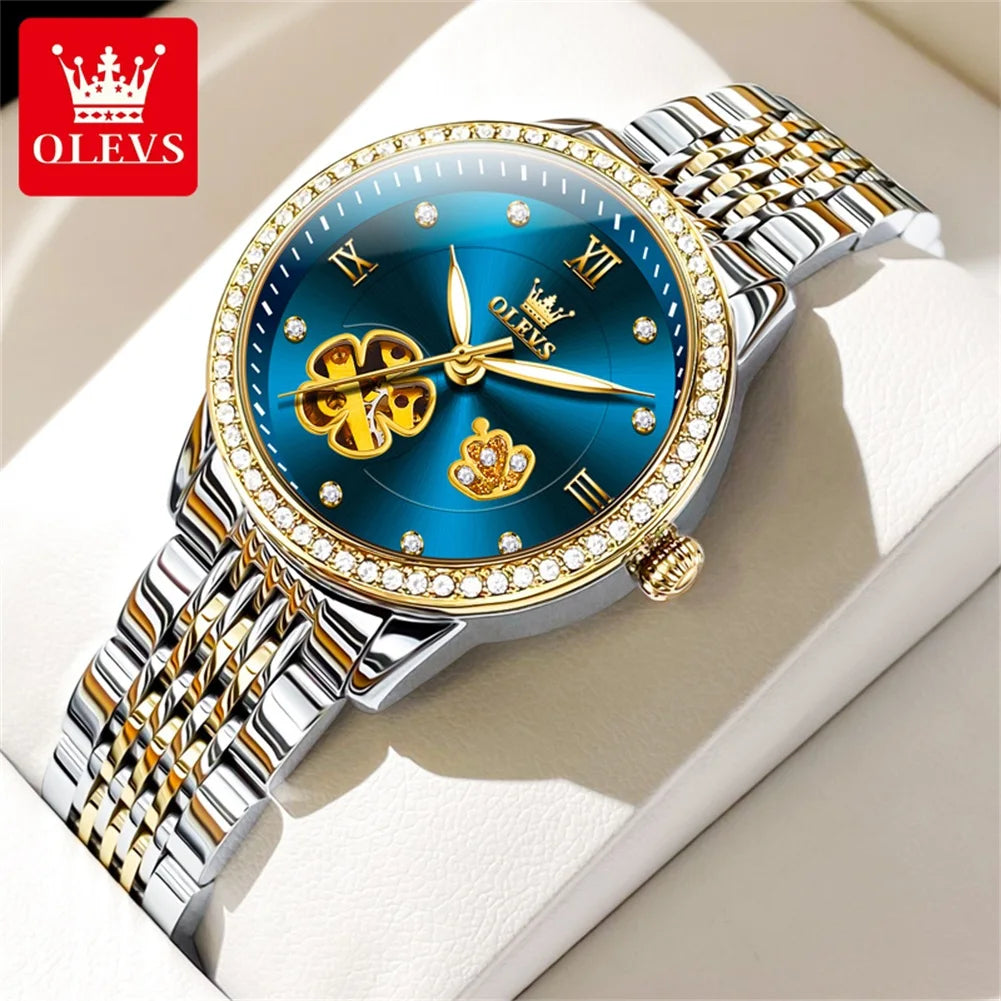 OLEVS 6706 New Hollow Automatic Watch For Women Flower Diamond Dial Mechanical Wrist Watches Waterproof Luxury Ladies Hand Clock