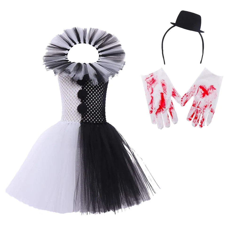 Halloween Karneval Clown Kostüm Süßes Weiß Schwarz Tutu Kleid für Mädchen Geburtstagsparty Kleid Urlaub Geschenk Kleidung Zubehör Set