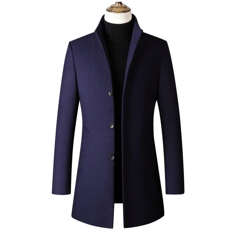 Medium-length Men's Jacket European Style Single-breasted Solid Color Simple Stand Collar Woolen Coat Autumn/winter Season Scene