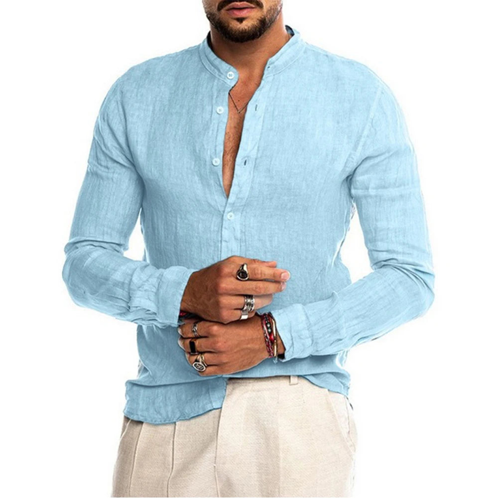 Cotton Linen Hot Sale Men's Long-Sleeved Shirts Summer Solid Color  Stand-Up Collar Casual Beach Style Plus Size