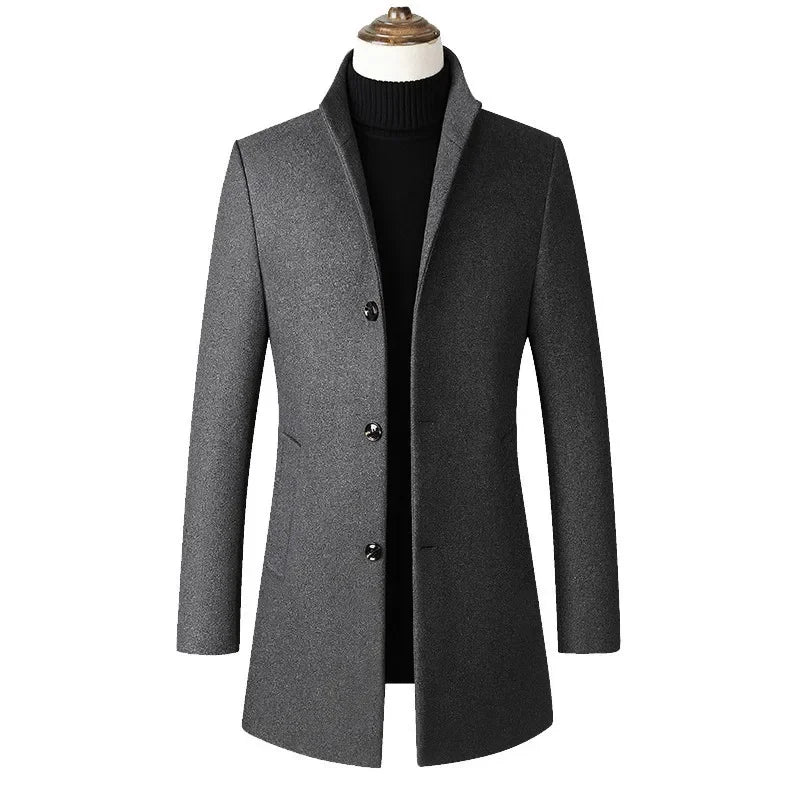 Medium-length Men's Jacket European Style Single-breasted Solid Color Simple Stand Collar Woolen Coat Autumn/winter Season Scene