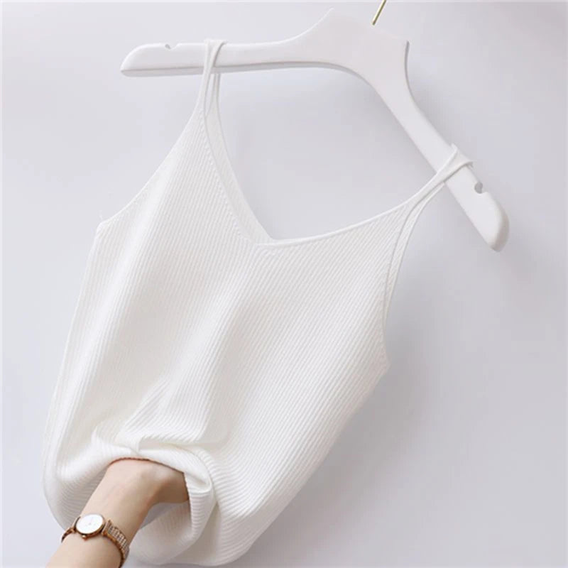 Winter Tops 2025 New Solid V-Neck Skinny Elastic Knitted Suspender Camis Women's Tanks Clothing Basics Shirt