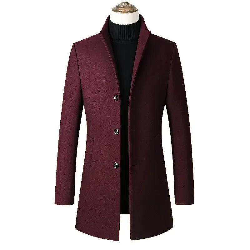 Medium-length Men's Jacket European Style Single-breasted Solid Color Simple Stand Collar Woolen Coat Autumn/winter Season Scene