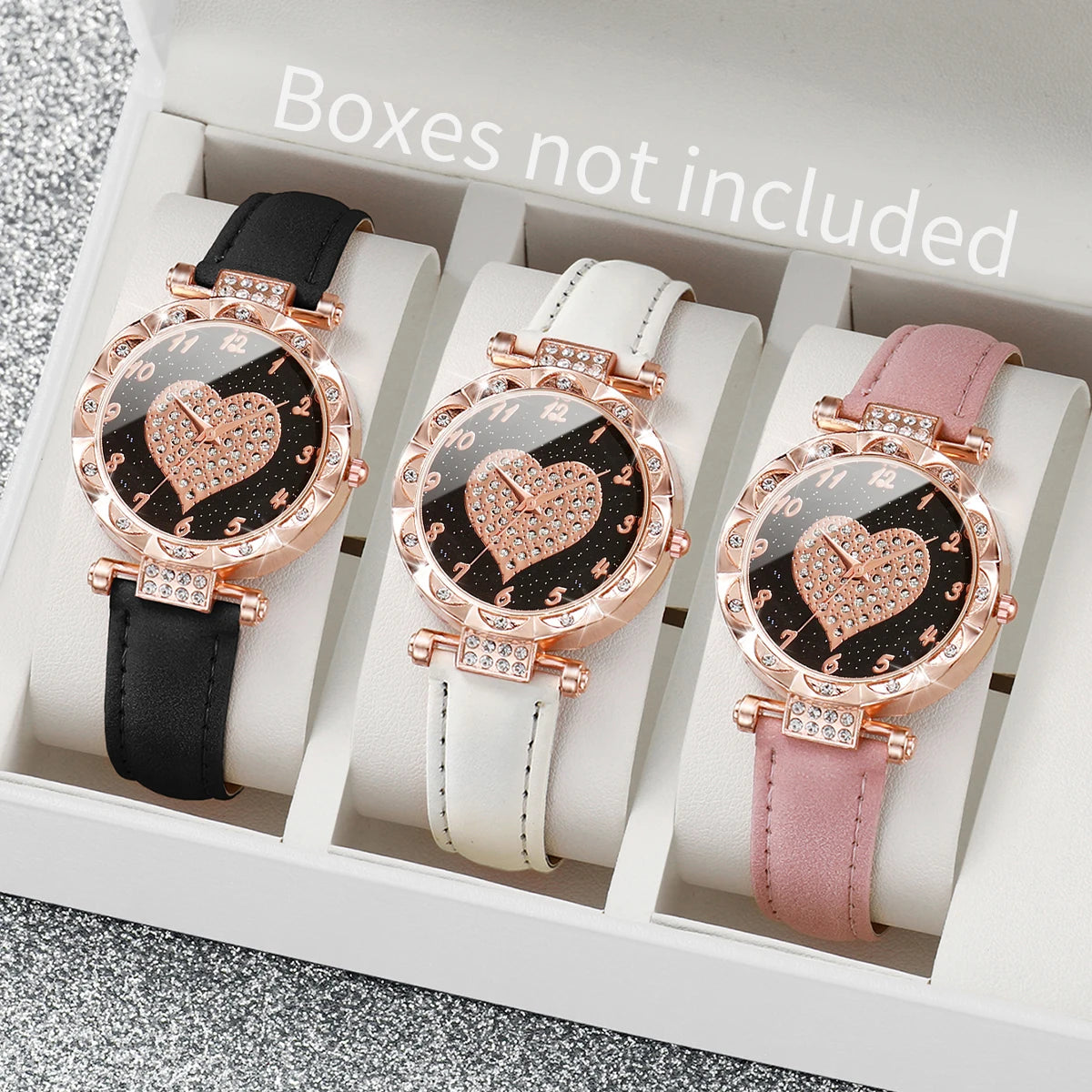 3PCS Women Watches Fashion Rhinestone Heart Dial Quartz Watch Female Leather Band Wristwatches Set（Without Box）