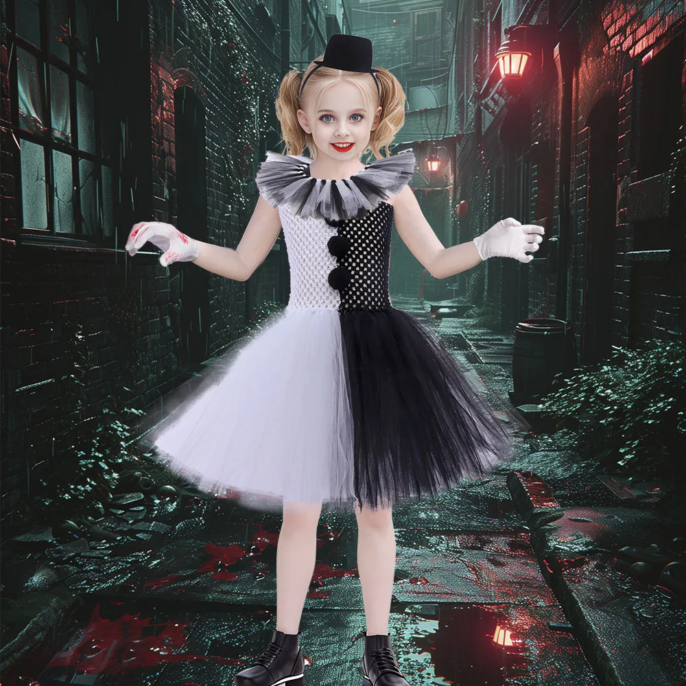 Halloween Karneval Clown Kostüm Süßes Weiß Schwarz Tutu Kleid für Mädchen Geburtstagsparty Kleid Urlaub Geschenk Kleidung Zubehör Set