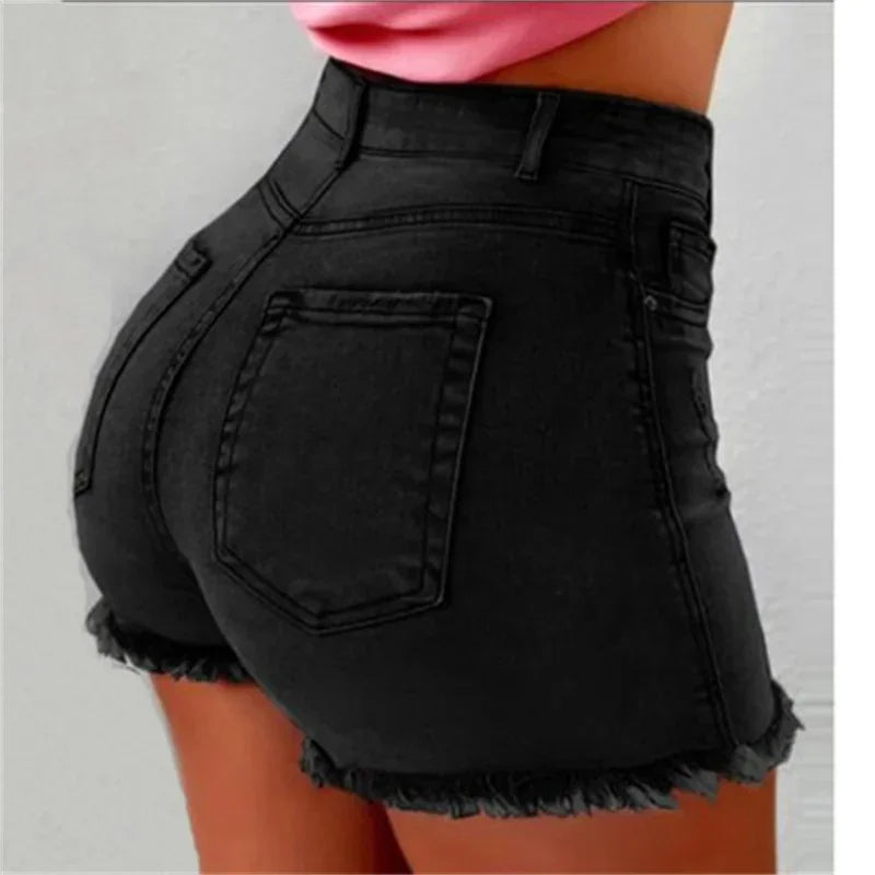 Women Tight Hip Lift Stretch Denim Shorts Fashion Tassel Three Quarter