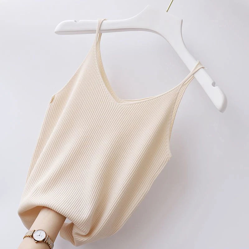 Winter Tops 2025 New Solid V-Neck Skinny Elastic Knitted Suspender Camis Women's Tanks Clothing Basics Shirt