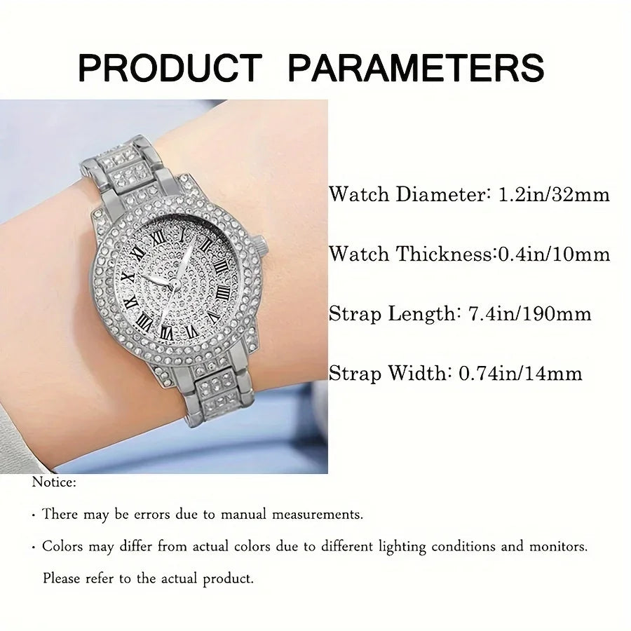 6pcs/set Women's Watch Luxury Rhinestone Quartz Watch Shiny Fashion Analog Wrist Watch & Jewelry Set, Gift For Mom Her