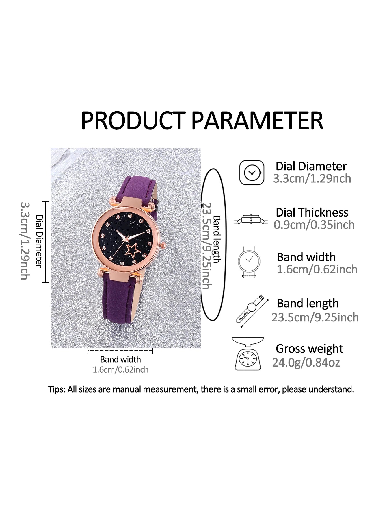 Purple fashion five-pointed star alloy leather women's quartz watch and purple hollow necklace set birthday gift wear pieces