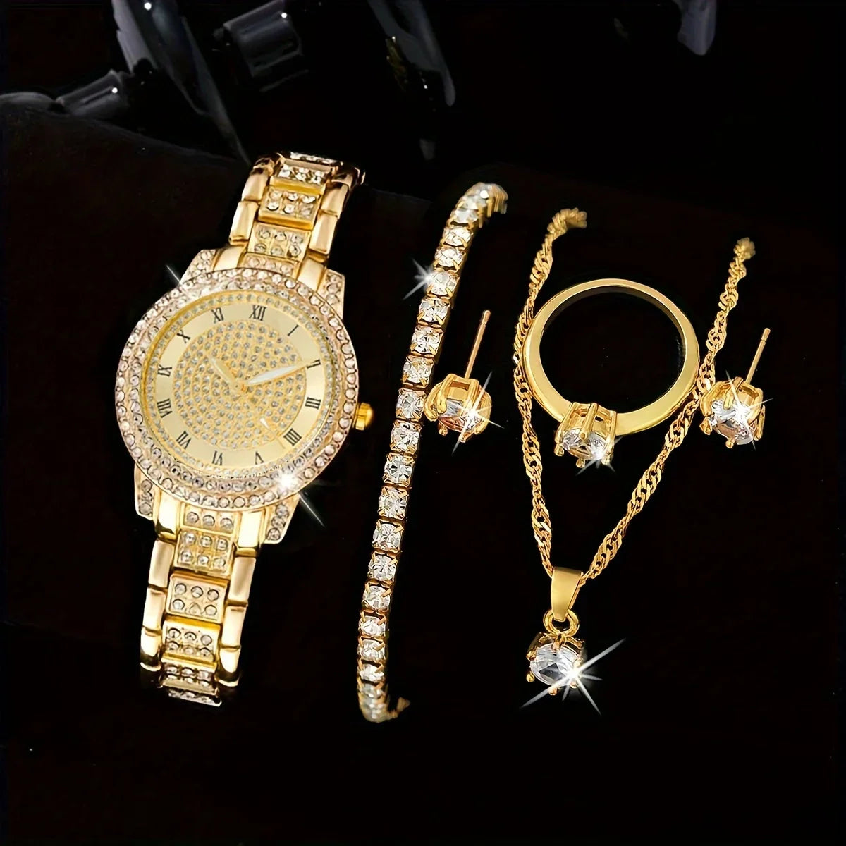 6pcs/set Women's Watch Luxury Rhinestone Quartz Watch Shiny Fashion Analog Wrist Watch & Jewelry Set, Gift For Mom Her