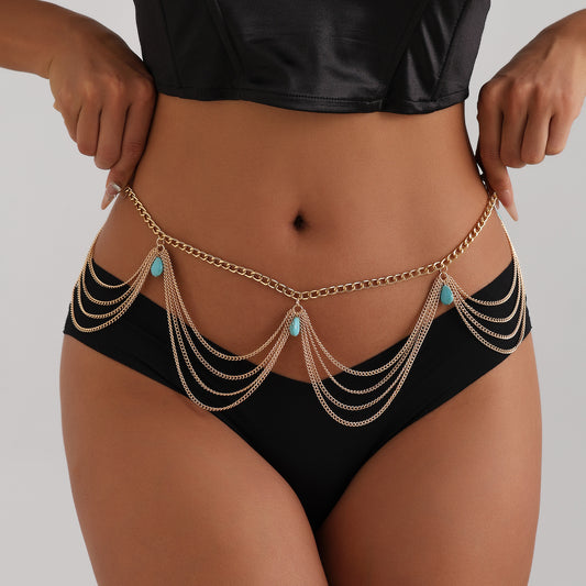 Classic Retro Turquoise Waist Belly Chain For Women Summer Beach Sexy Simple Body Chain Jewelry Accessories Gift